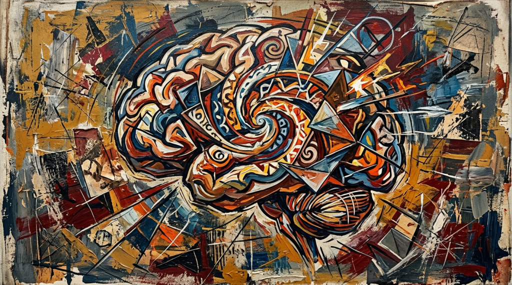 Abstract artistic representation of a brain with swirling patterns and geometric shapes